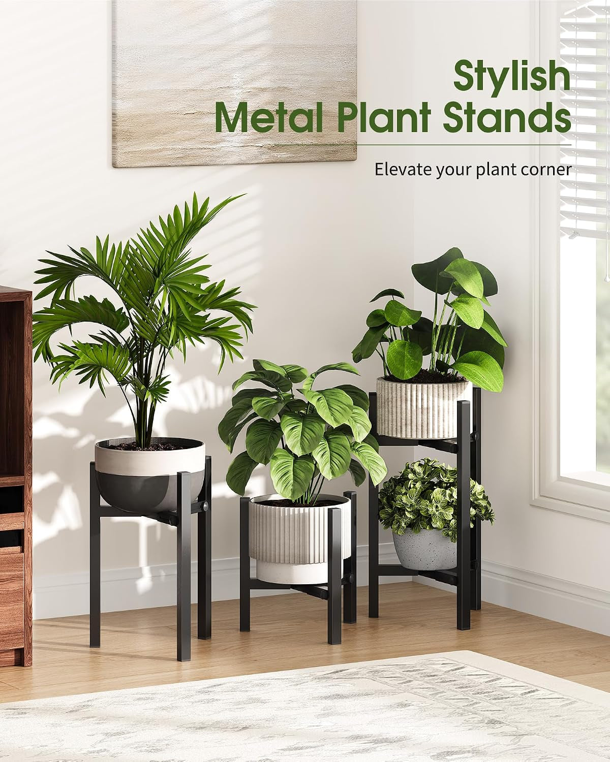 3 Pack Plant Stand Indoor Adjustable, Metal Modern Indoor Plant Stand, Heavy Duty Single Plant Stands Outdoor Corner, Stable Plant Holder Indoor Stand, Fits 8 to 12 Inches Pots, Black