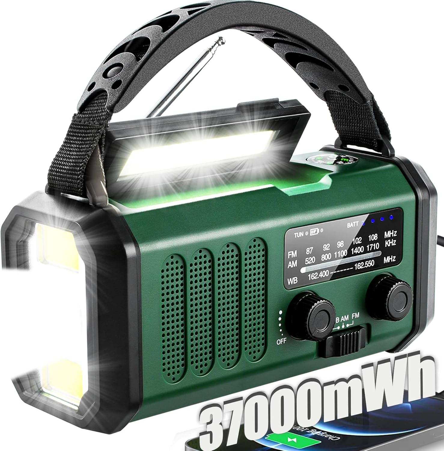 Hand Crank Emergency Radio,37000Mwhsolar Powered Hand Crank Portable NOAA AM FM Weather Radio with 3Mode Flashlight and Reading Light,Cell Phone Charger,Home and Emergency Distress Signa