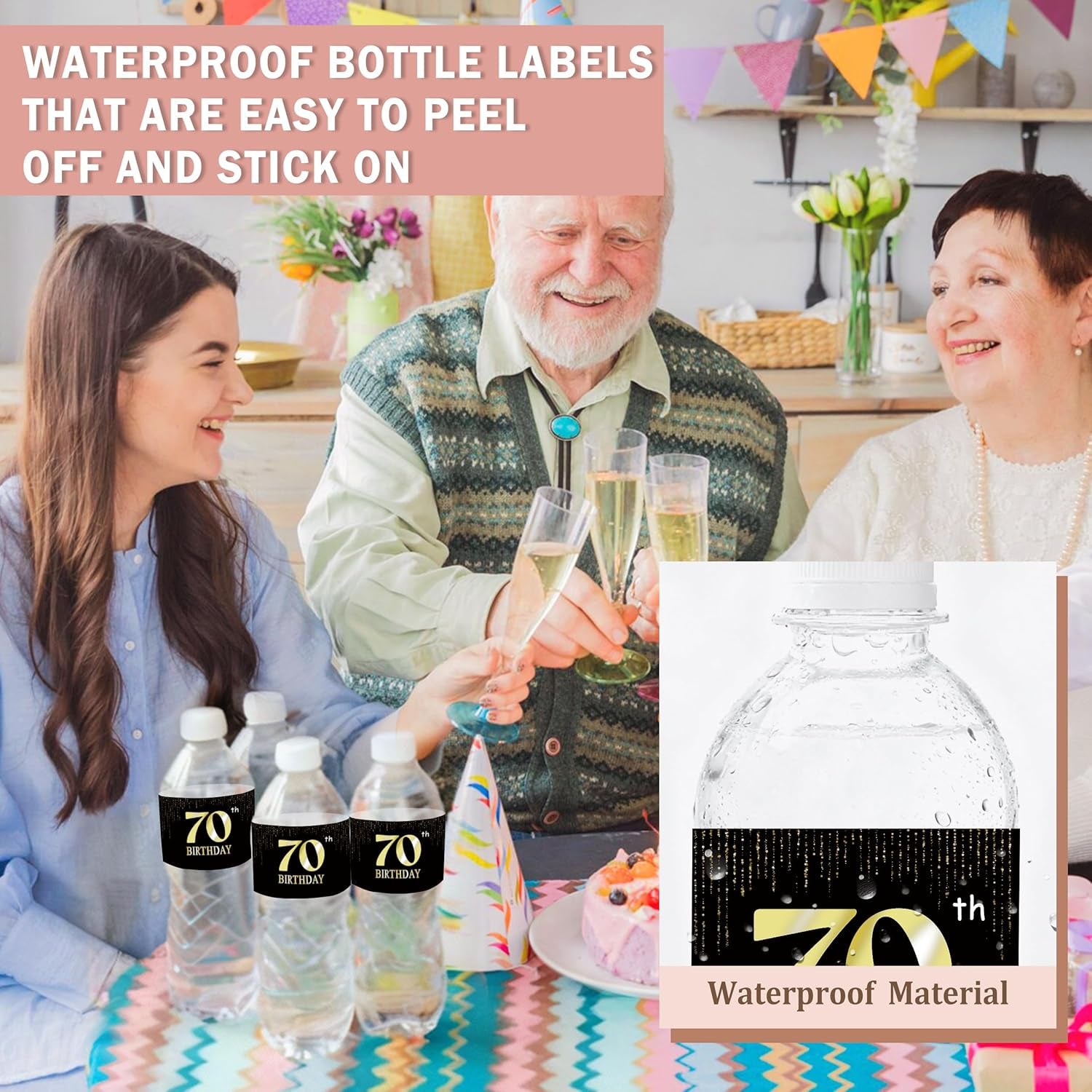 Birthday Party Water Bottle Label Stickers, Waterproof Labels for Water Bottles, Black and Gold Happy 70Th Birthday Party Decorations, Cheers to 70 Years, Anniversary Table Supplies-A31