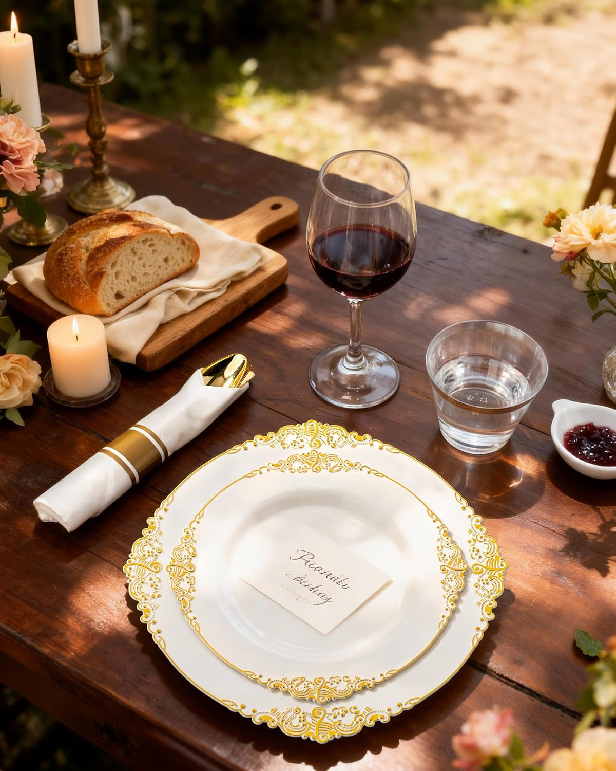 350PCS Ivory Plastic Plates - Ivory Gold Plastic Dinnerware Sets for 50 Guests - 100 Gold Disposable Plates, 50 Pre Rolled Silverware Sets, 50 Cups Perfect for Wedding & Party
