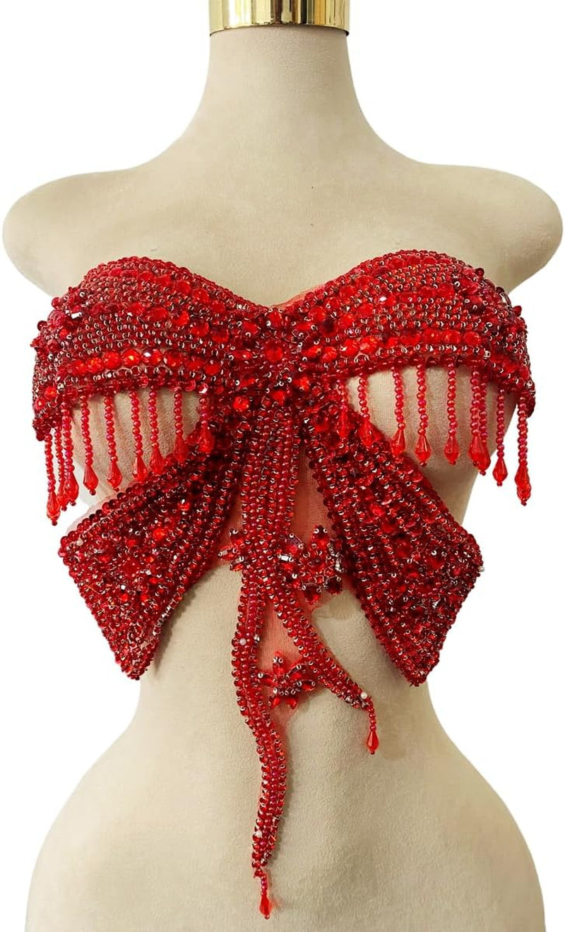 Butterfly Shape Bodysuit Applique Pure Hand-Stitched Beads and Crystal Patches Creative Tassels Shiny Dress Decorative Accessories (Red)