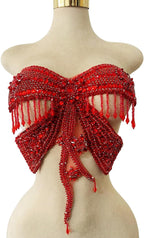 Butterfly Shape Bodysuit Applique Pure Hand-Stitched Beads and Crystal Patches Creative Tassels Shiny Dress Decorative Accessories (Red)