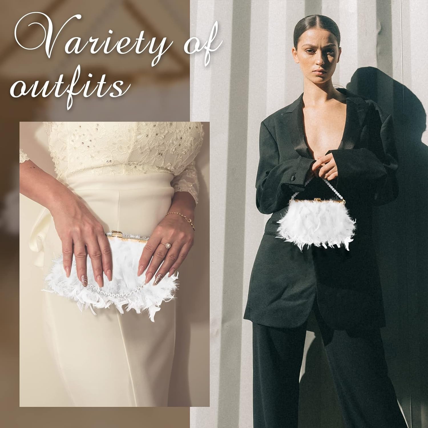Feather Clutch Purses for Women Wedding Evening Bride Furry Purse Classy Fringe Purse Glossy Designer Purse
