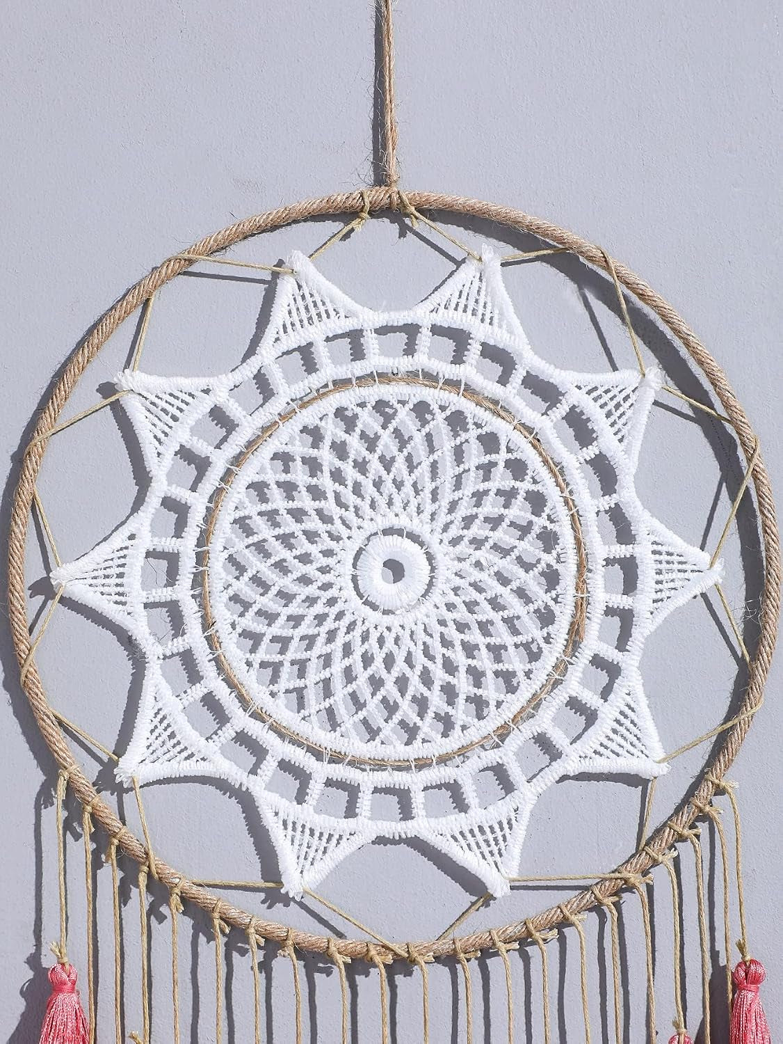 Macrame Dream Catcher Wall Hanging, Pink Large Boho Bedroom Decor | Handmade Tassel Feather Ornament, Natural Cotton, Modern Chic Living Room Nursery Art Decor, Blessing Gift for Women Girls