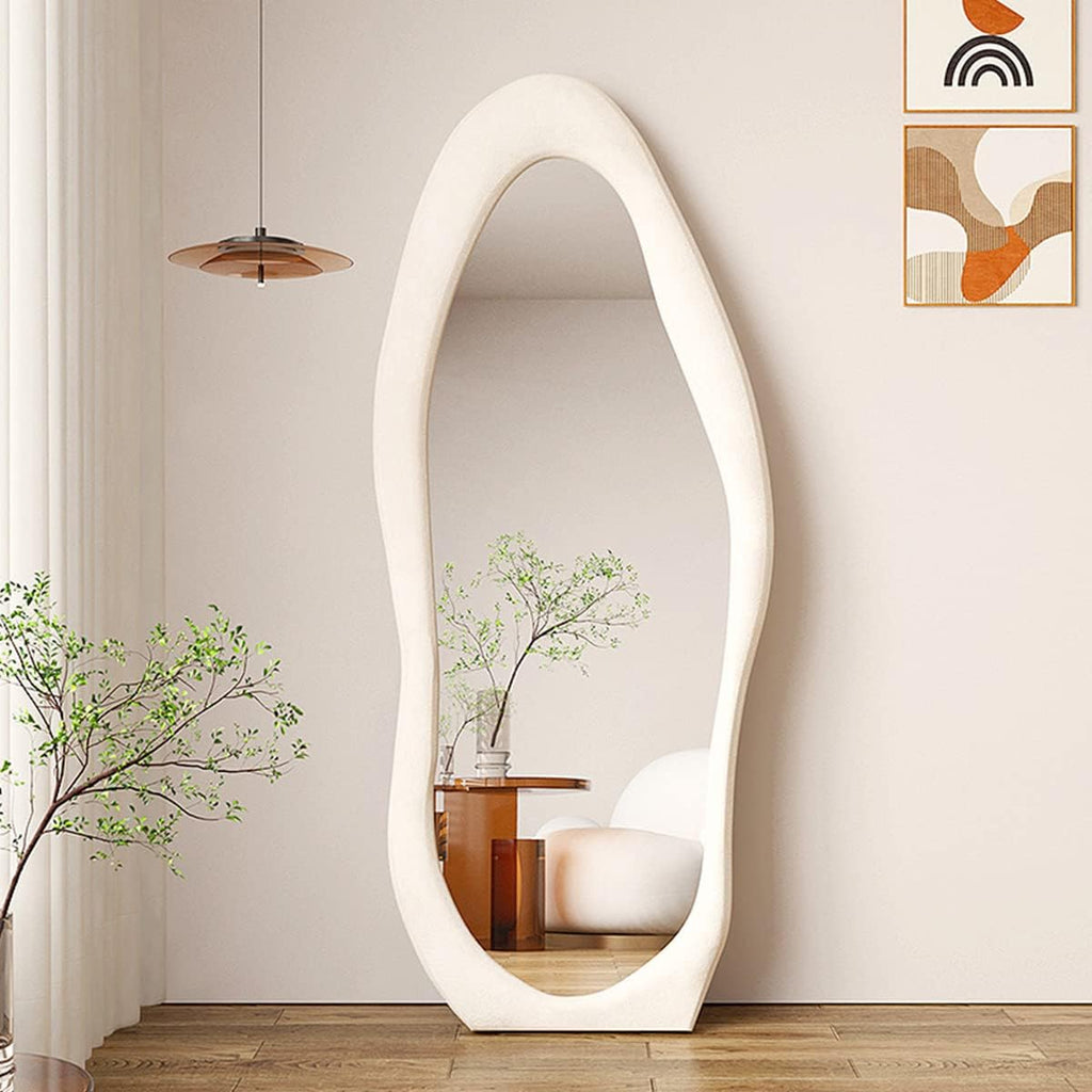 Irregular Wavy Full-Length Mirror, White Wooden Frame, 63"L X 24"W, Wall Mount, Shatterproof & Splash Proof for Bedroom, Living Room, Hallway