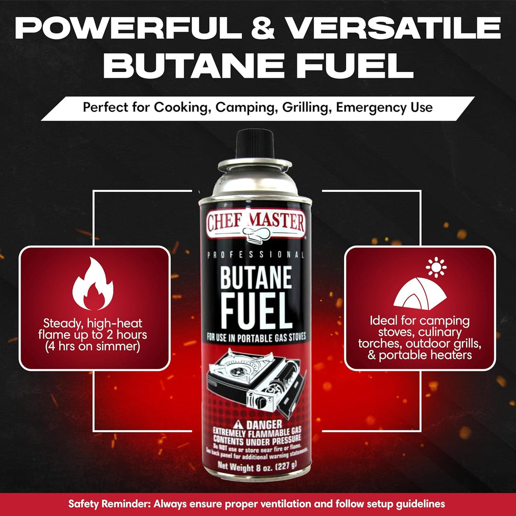 24X 8Oz Butane Fuel Canister - Butane Fuel for Camping Stove & Kitchen Torch - Gas Canister for Picnics, Outdoor Cooking, Grilling - Camping Stove, Torch Fuel Camping Essentials - 90340