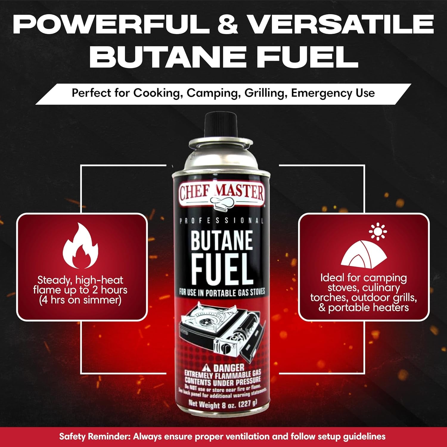 24X 8Oz Butane Fuel Canister - Butane Fuel for Camping Stove & Kitchen Torch - Gas Canister for Picnics, Outdoor Cooking, Grilling - Camping Stove, Torch Fuel Camping Essentials - 90340