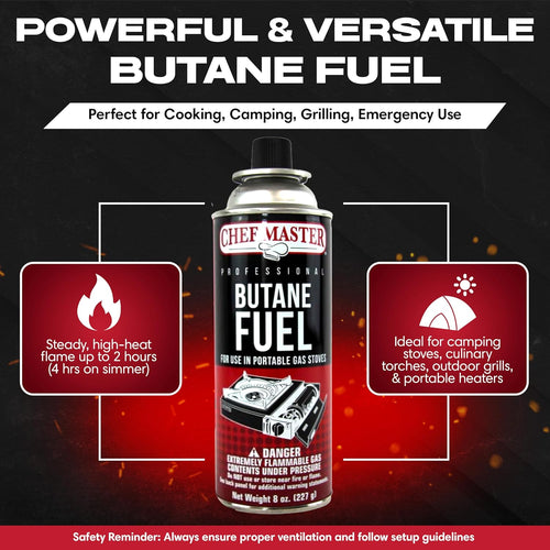 24X 8Oz Butane Fuel Canister - Butane Fuel for Camping Stove & Kitchen Torch - Gas Canister for Picnics, Outdoor Cooking, Grilling - Camping Stove, Torch Fuel Camping Essentials - 90340