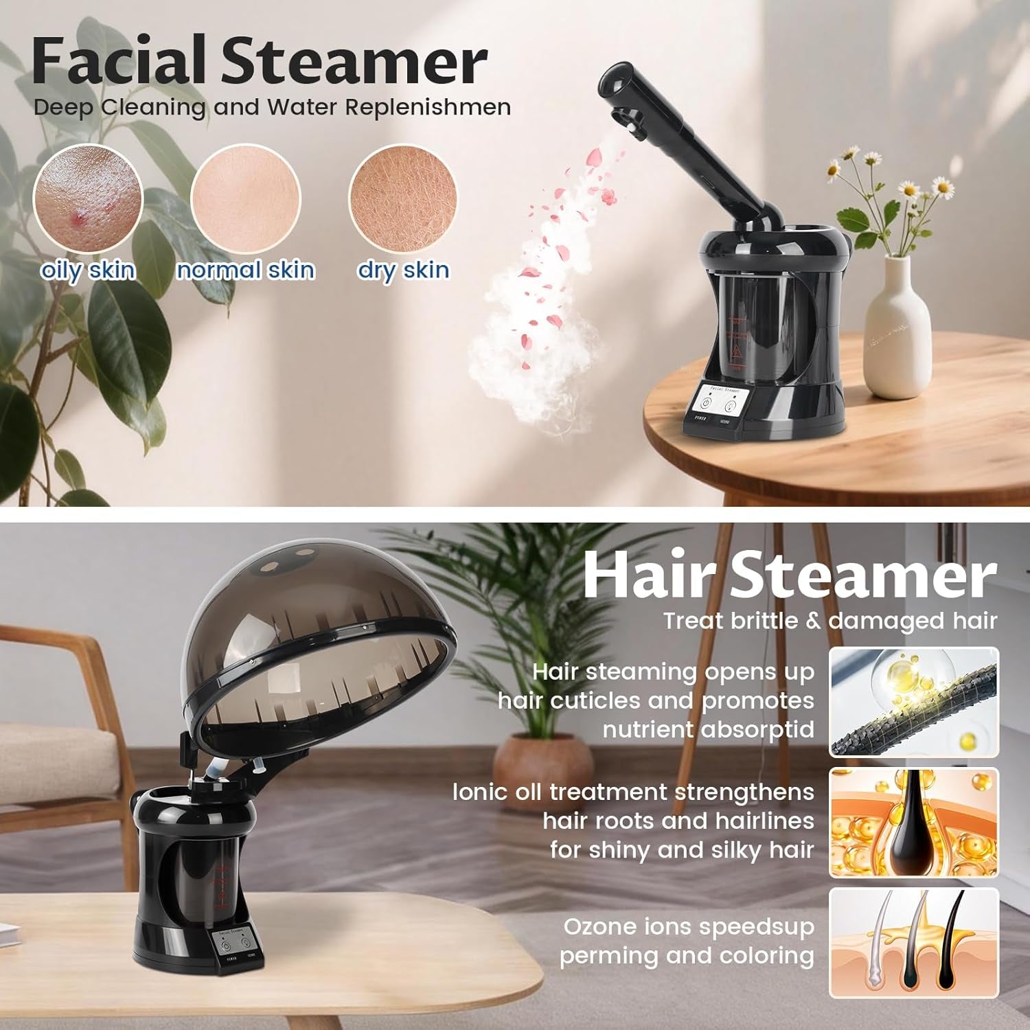 Hair Steamer, Hair and Face Steamer with Extendable Arm, Portable Tabletop Steamer, Ideal for Home Personal Care and Beauty Salon