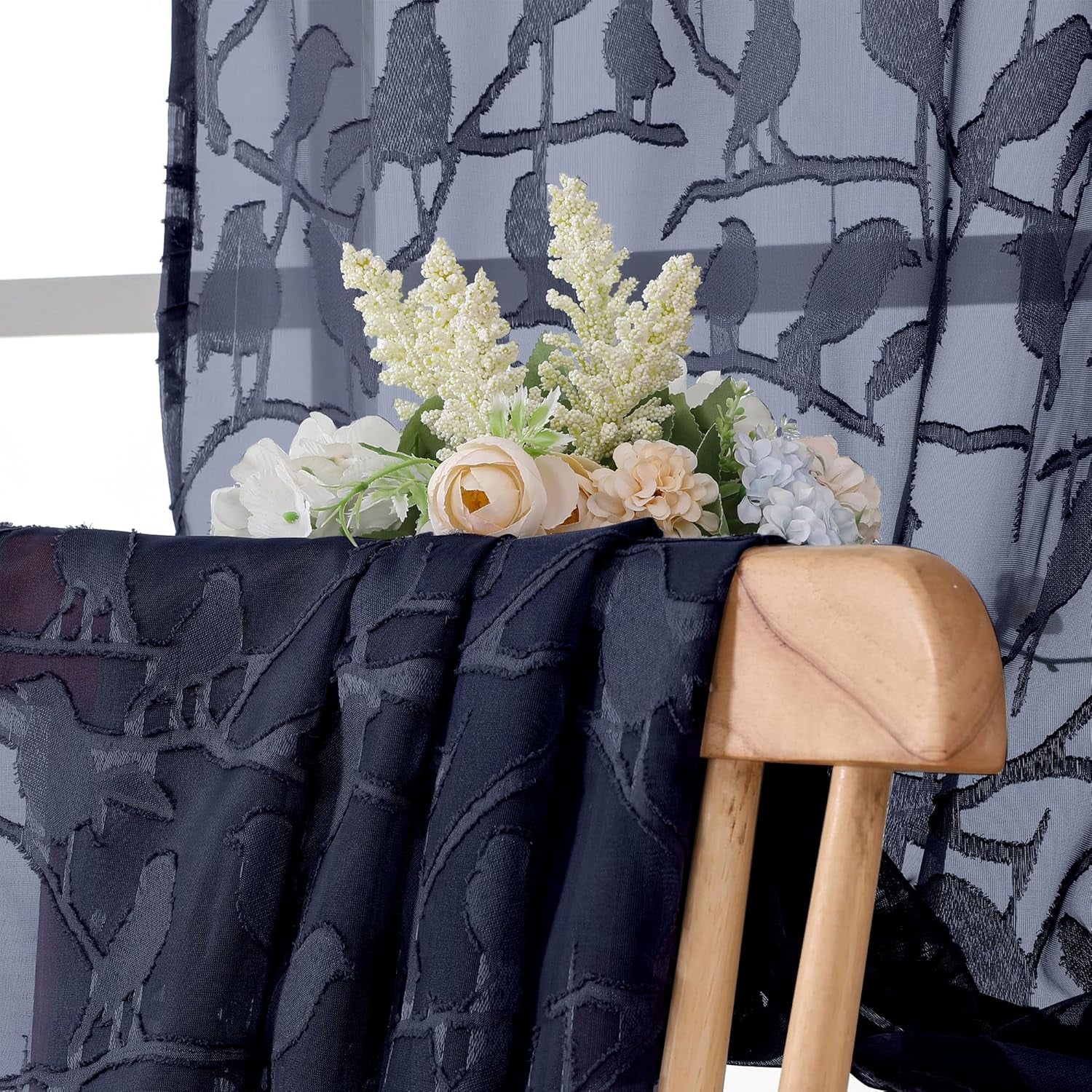 Textured Navy Blue Sheer Curtains 84 Inches Long 2 Panels Set, Light Filtering Leaf Bird Jacquard Voile Semi Sheer Curtains for Bedroom, Dual Rod Pocket Farmhouse Window Drapes, 2X38Wx84L Inches