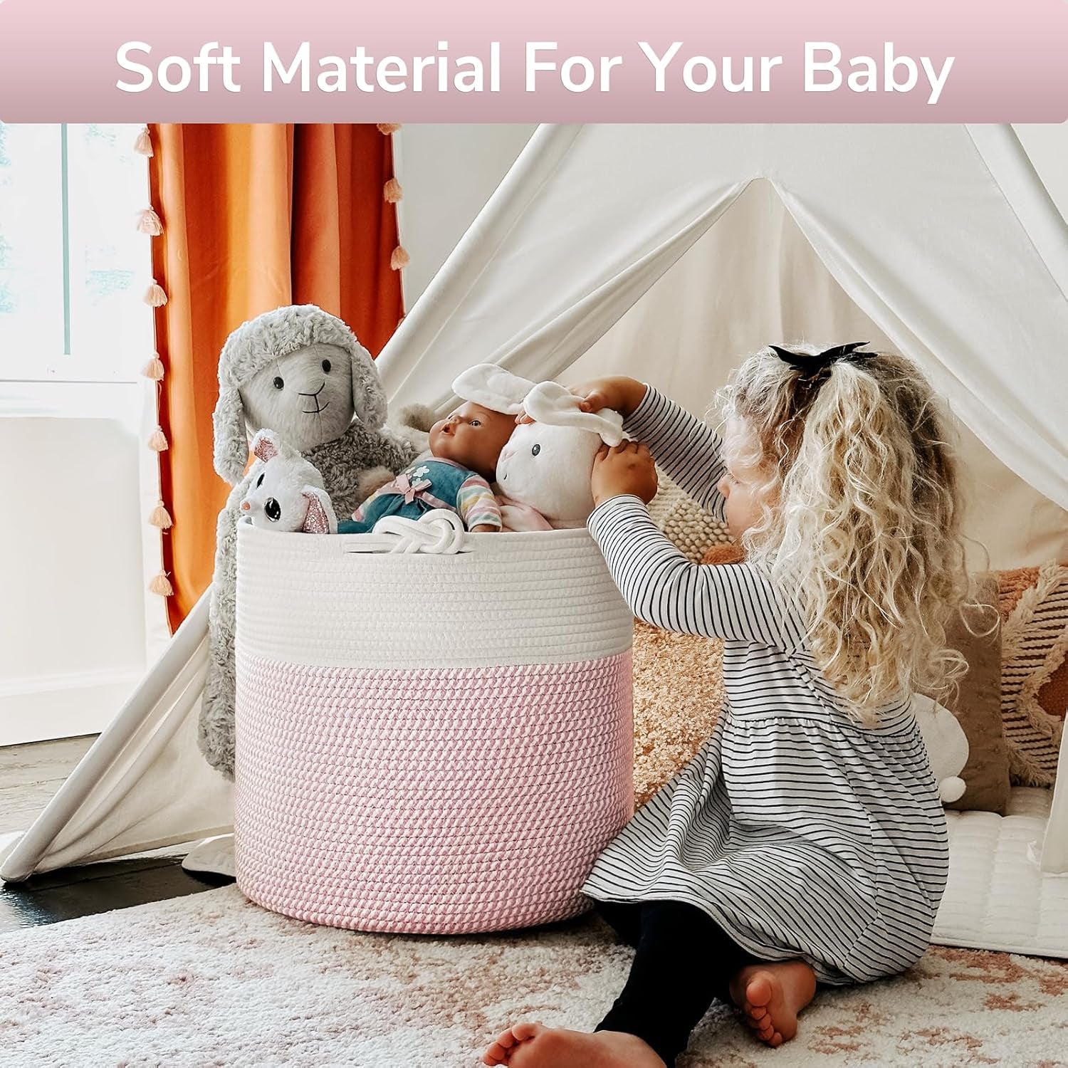 Woven Rope Blanket Basket Living Room, 40L, Pink | Small Laundry Basket for Organizing Baby Clothes, Blankets & Pillows, Great for Bedroom Nursery Home Décor, Pink