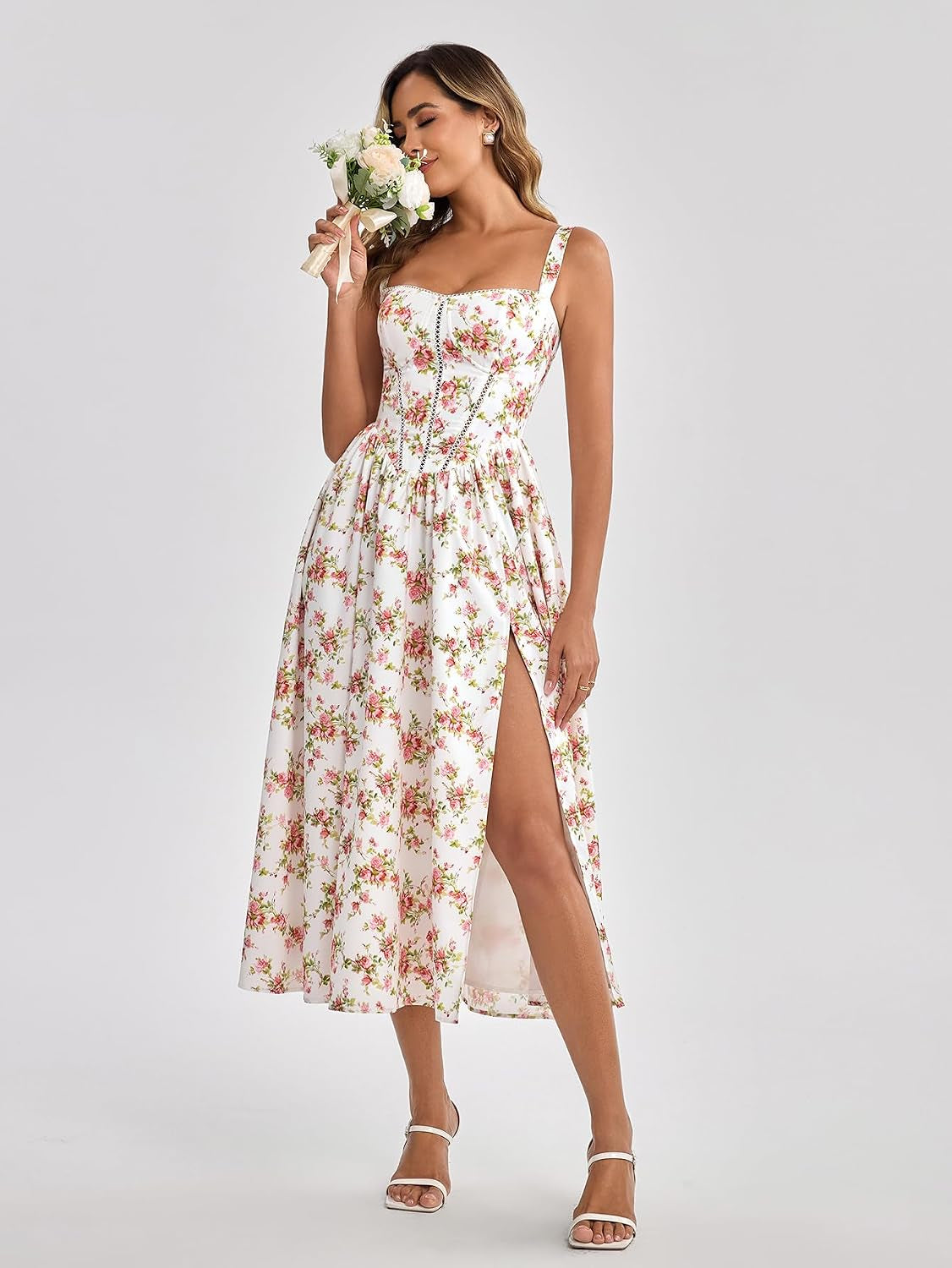 Summer Floral Corset Midi Wedding Guest Dresses for Women | Slit Flowy Sundress with Pockets, Idea for Garden Tea Party Engagement Bridal Shower Fancy Cottagecore Milkmaid