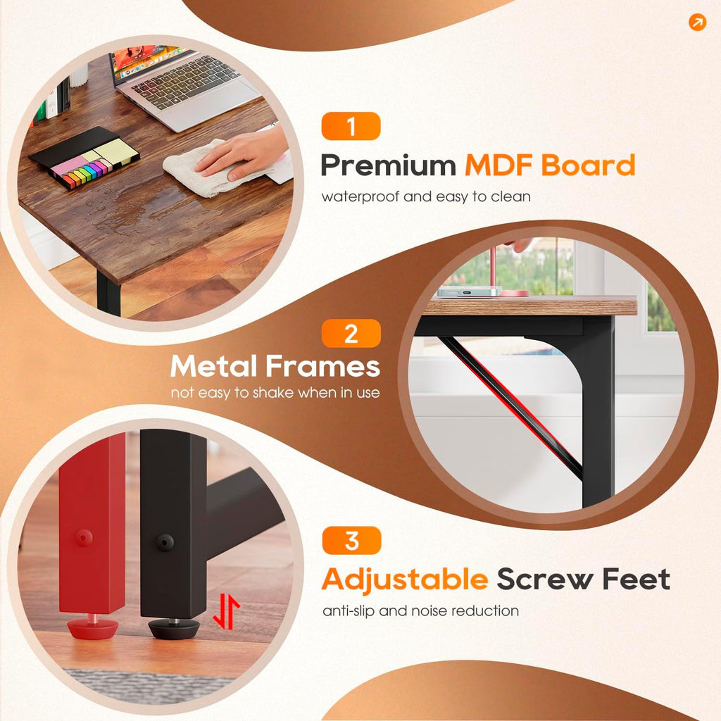 | 32 Inch Computer Desk | Brown | Sturdy Office Desk | Metal Frame, Adjustable Feet | Water-Resistant, Scratchproof Surface | Writing Table for Home Office or Study | Pack of 1