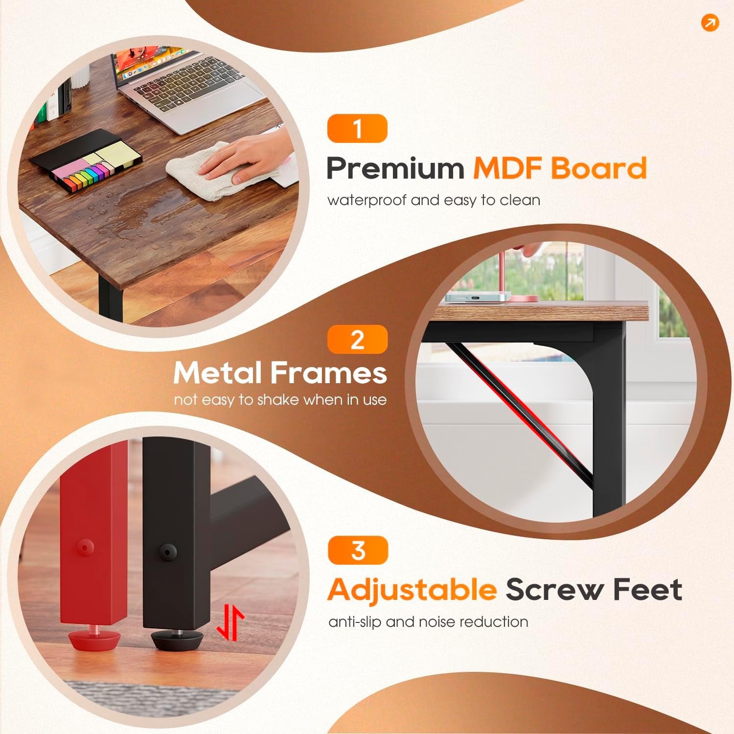 | 32 Inch Computer Desk | Brown | Sturdy Office Desk | Metal Frame, Adjustable Feet | Water-Resistant, Scratchproof Surface | Writing Table for Home Office or Study | Pack of 1