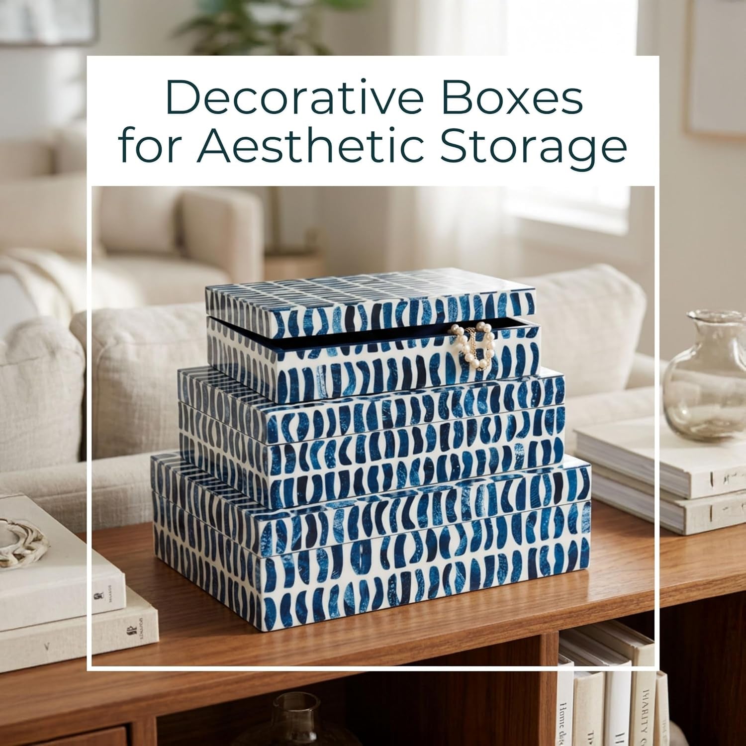 Set of 3 10/11/12" Boxes with Inlay Pieces, Blue/White