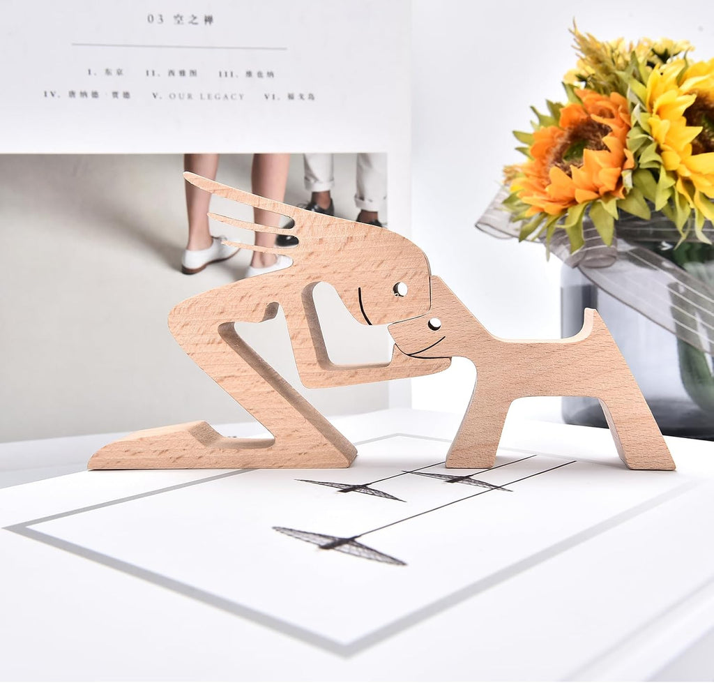 Wooden Sculpture Home Decor Women Men and Dog Statues, Friendship between Dog and Human Wood Crafts Statue Carving Ornaments for Bedroom Desktop Office Decoration (Girl and Dog)