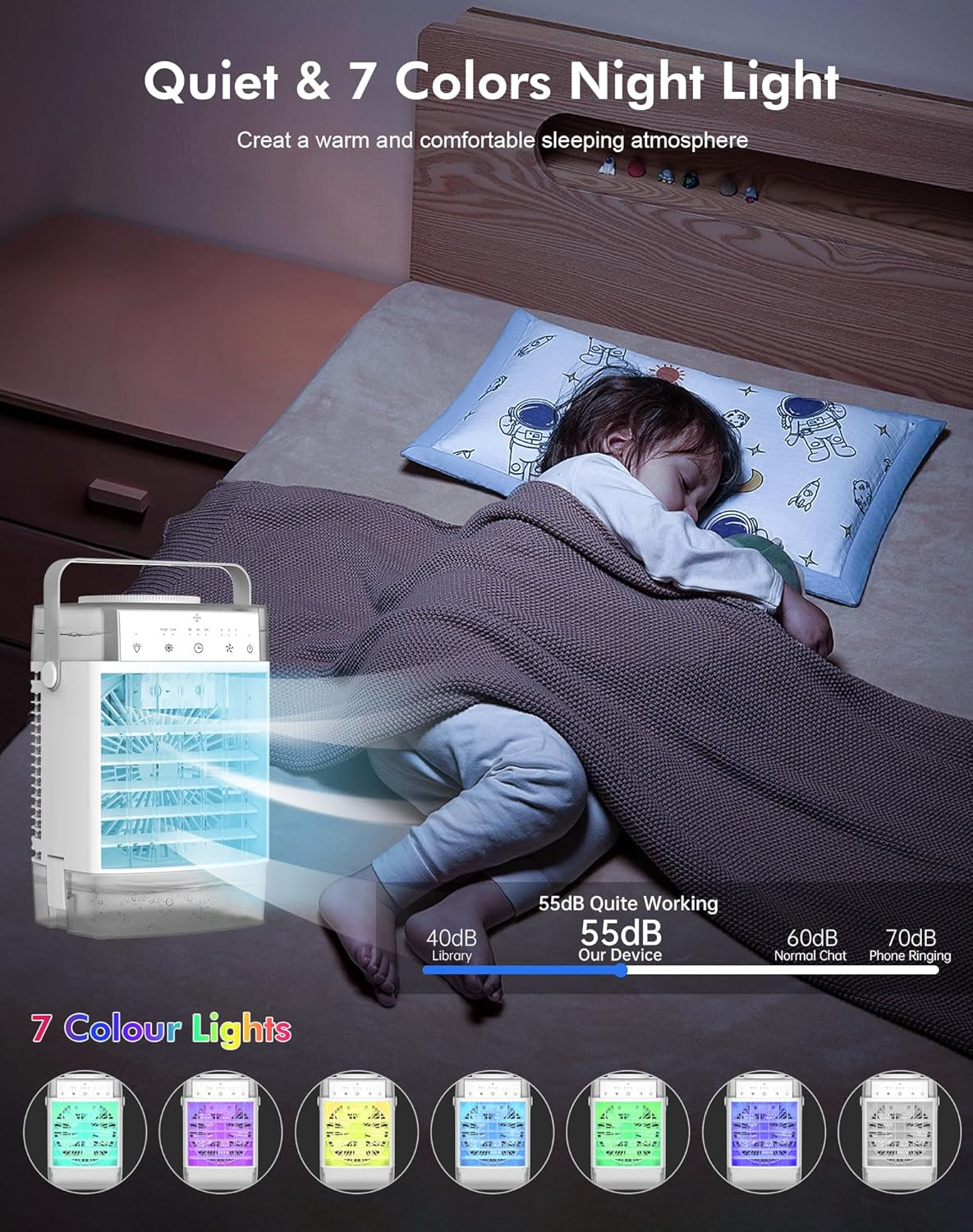 Portable Air Conditioners, Air Cooler with Remoter Evaporative Personal Mini AC, 3 Wind Speed, 2-4-8H Timer, 3 Modes, Colorful Night Light, Portable AC for Room, Car, Bedroom, Camping