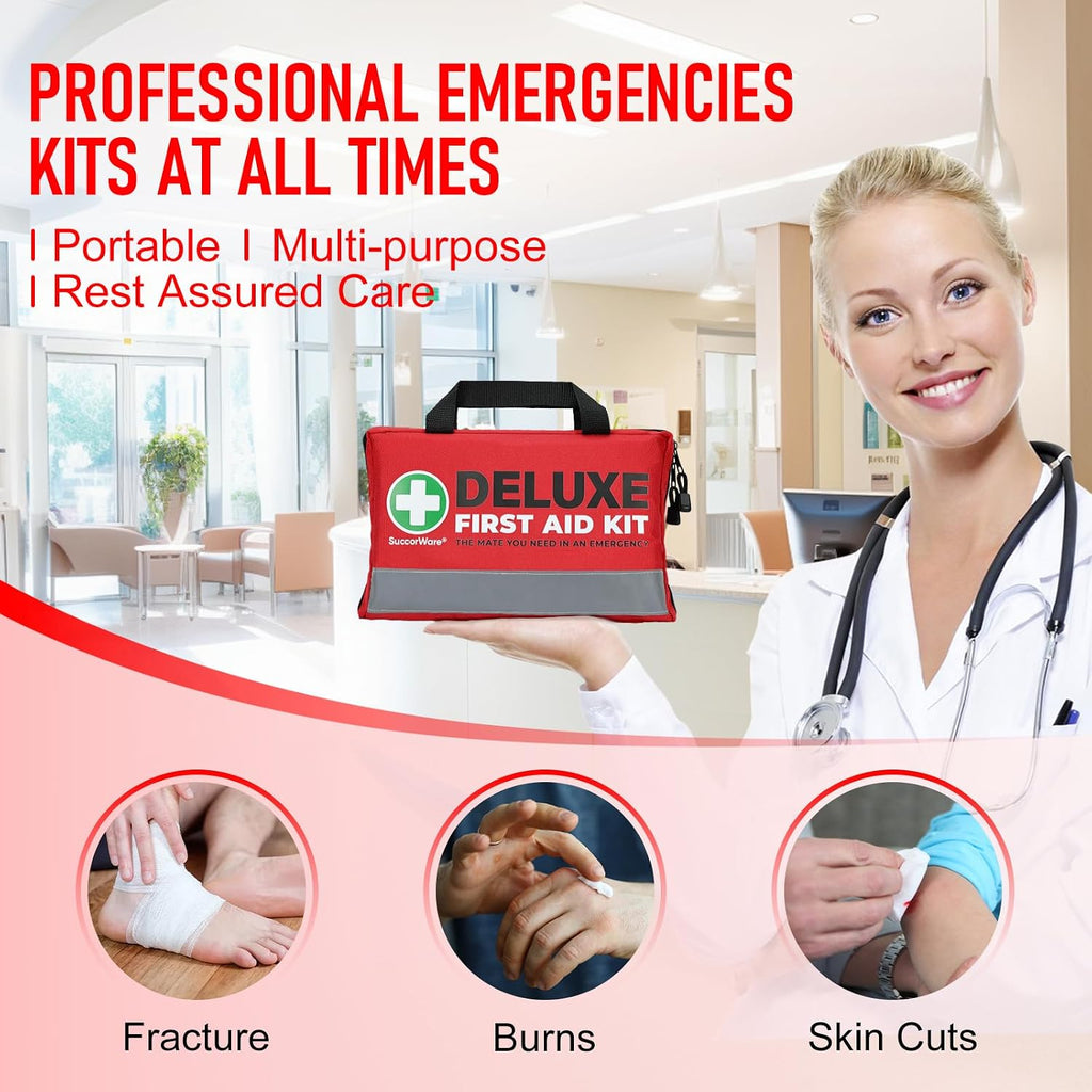 380 Pieces Deluxe First Aid Kit Compact Trauma Medical Kits with Assorted Bandages, Instant Cold Pack, Emergency Blanket for Home, Travel, Camping, Vehicle, Emergency Kits(Red)
