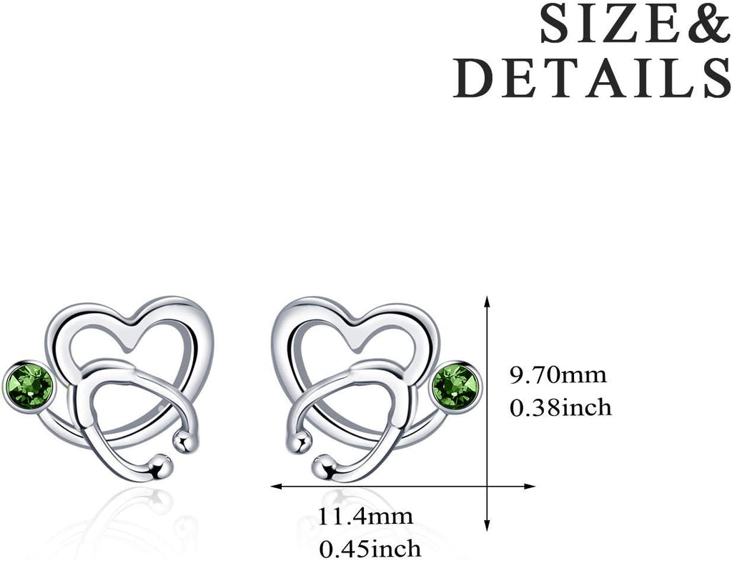 Nurse Earrings 925 Sterling Silver Stethoscope Studs Earrings Simulated 12 Months Birthstone Crystal from Austria, Graduation Jewelry Gifts for Nurse Doctor RN Medical Student