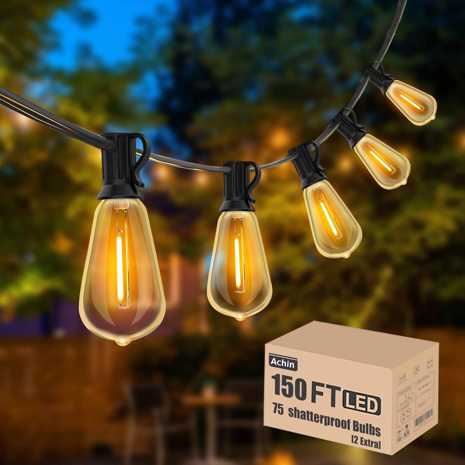 Outdoor String Lights 150FT LED ST38 Edison Vintage String Lights Outdoor Dimmable Warm 2200K with 75 Shatterproof Bulbs Plastic String Lights Waterproof for Patio Bistro Gazebo Lights