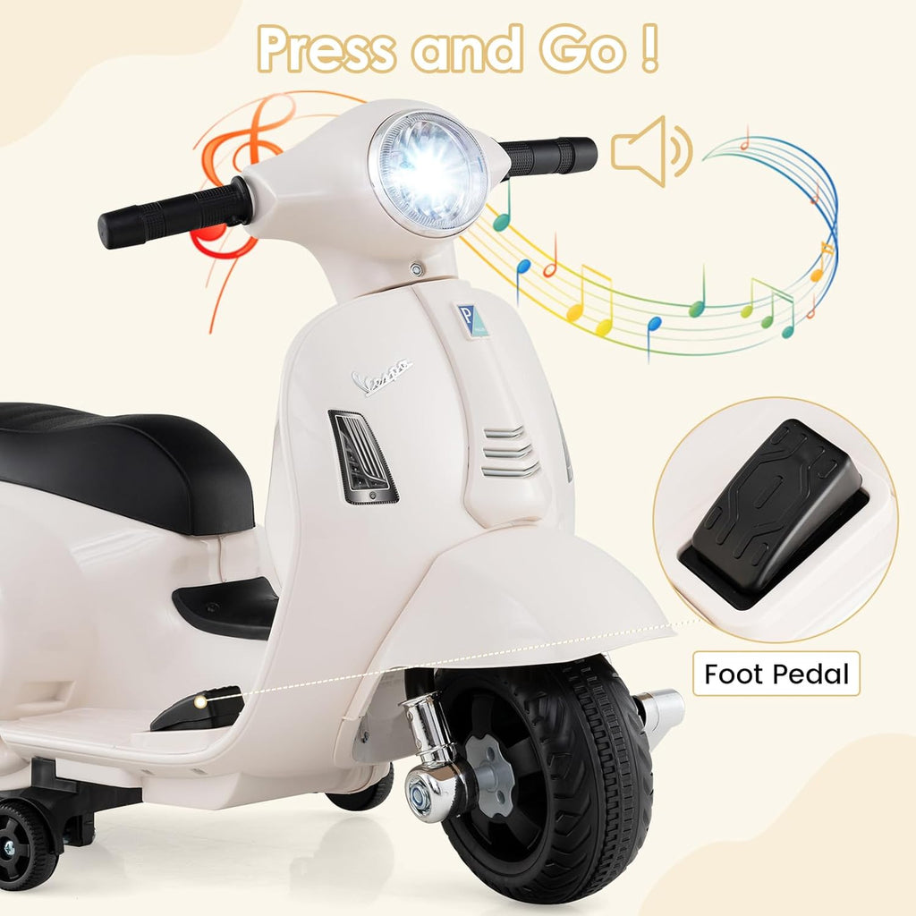 Licensed Vespa Scooter Kids Motorcycle by , 6V Ride on Electric Motorcycle with Training Wheels, Headlight, Battery Powered 3 Wheels Toy Gift with LED Headlight Horn for Boys Girls (White)