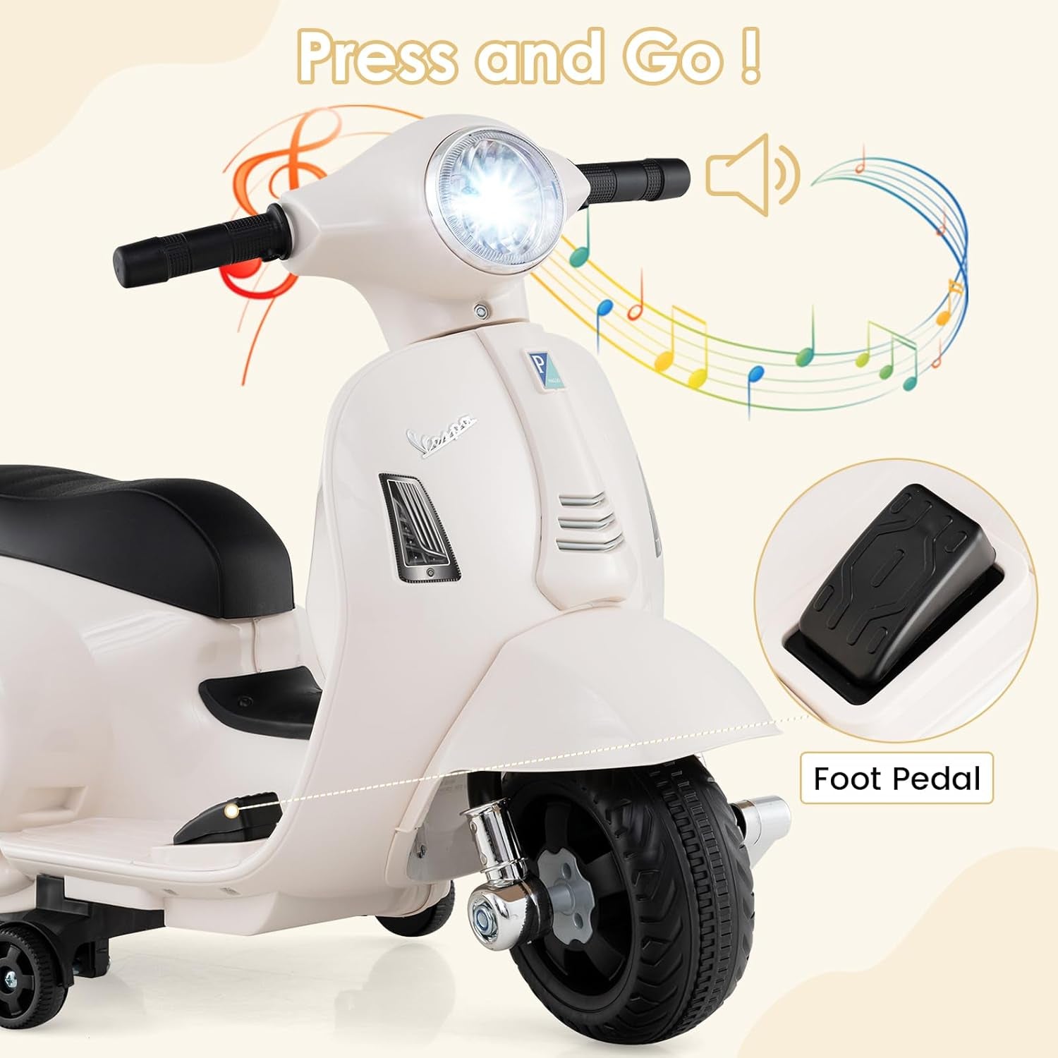 Licensed Vespa Scooter Kids Motorcycle by , 6V Ride on Electric Motorcycle with Training Wheels, Headlight, Battery Powered 3 Wheels Toy Gift with LED Headlight Horn for Boys Girls (White)