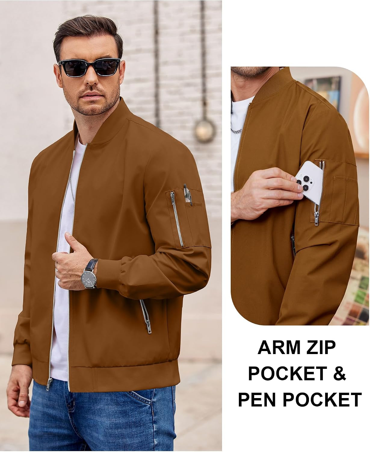 Men Bomber Jacket Lightweight Casual Fashion Stylish Windbreaker | Zip up Bomber Jacket, Water & Wind Proof Jacket with Zip Pocket, Fashion Stylish Lightweight Windbreaker for Spring Fall
