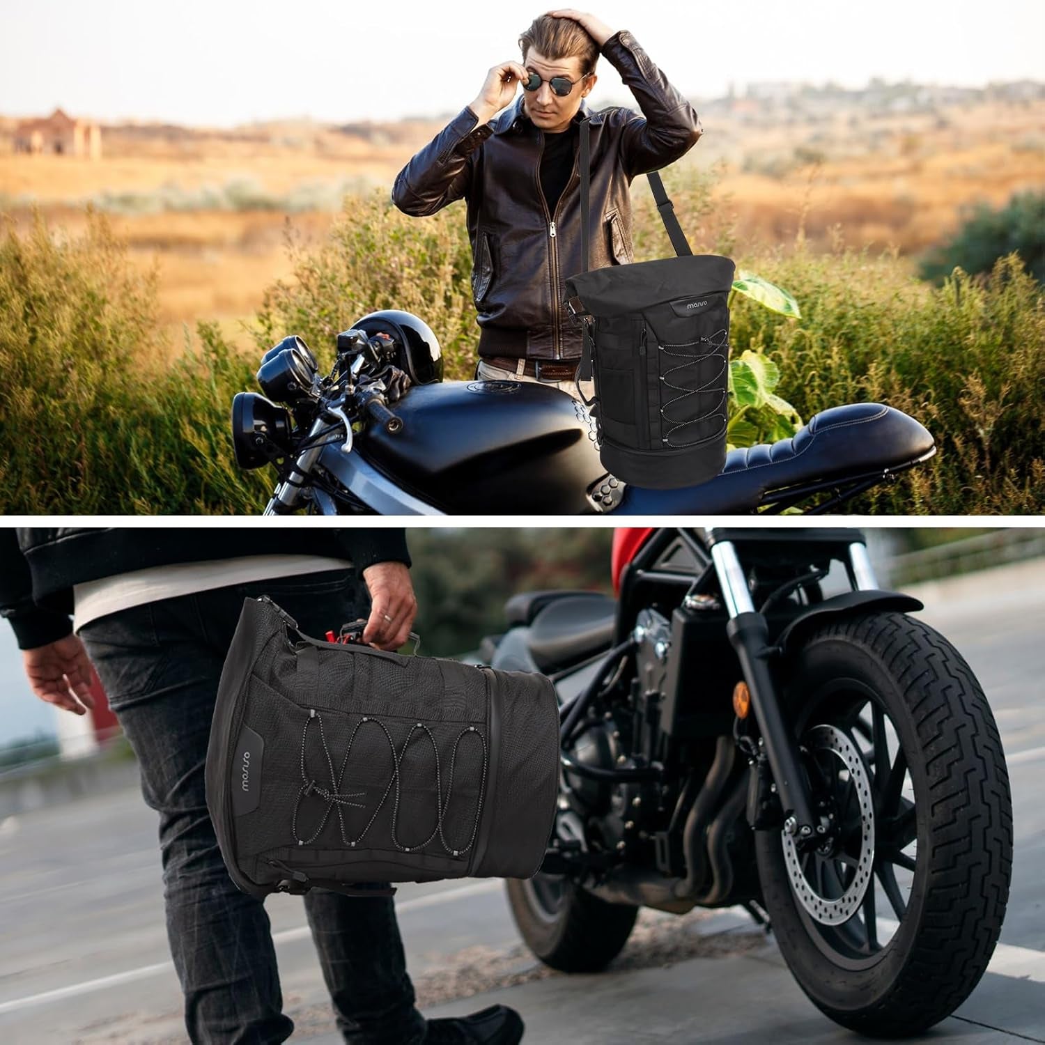 Motorcycle Sissy Bar Backrest Bag Travel Luggage Bag, Large Capacity Duffle Bags Expandable 30L-48L, Motorcycle Gear Tail Bags with Rain Cover&Shoulder Strap, Black