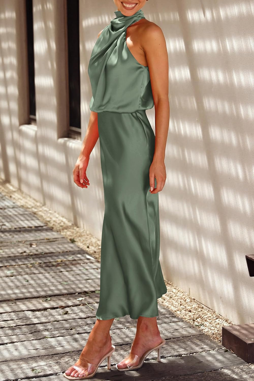 Women'S 2026 Summer Satin Dress Elegant Sleeveless Mock Neck Cocktail Party Maxi Dresses