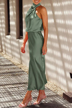 Women'S 2026 Summer Satin Dress Elegant Sleeveless Mock Neck Cocktail Party Maxi Dresses