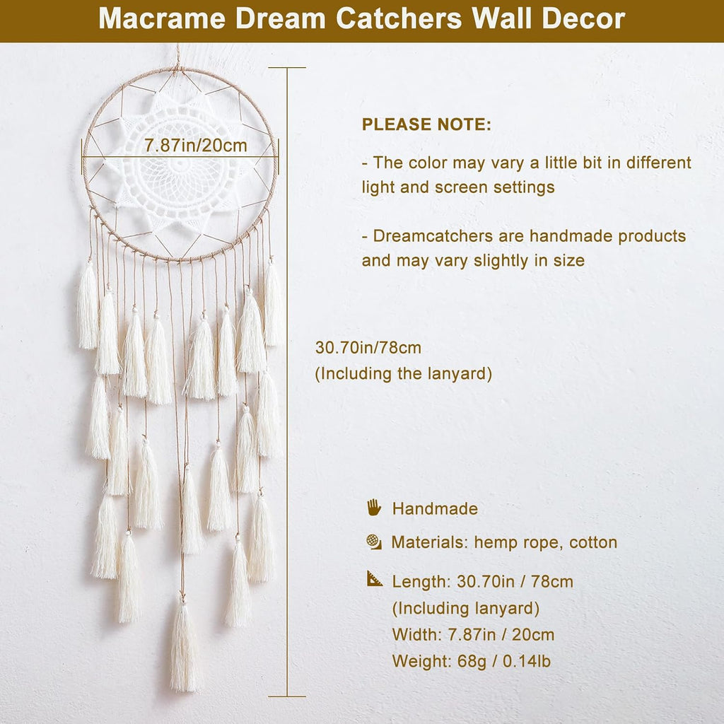 Macrame Dream Catcher Wall Hanging, Beige Large Boho Bedroom Decor | Handmade Tassel Feather Ornament, Natural Cotton, Modern Chic Living Room Nursery Art Decor, Blessing Gift for Women Girls