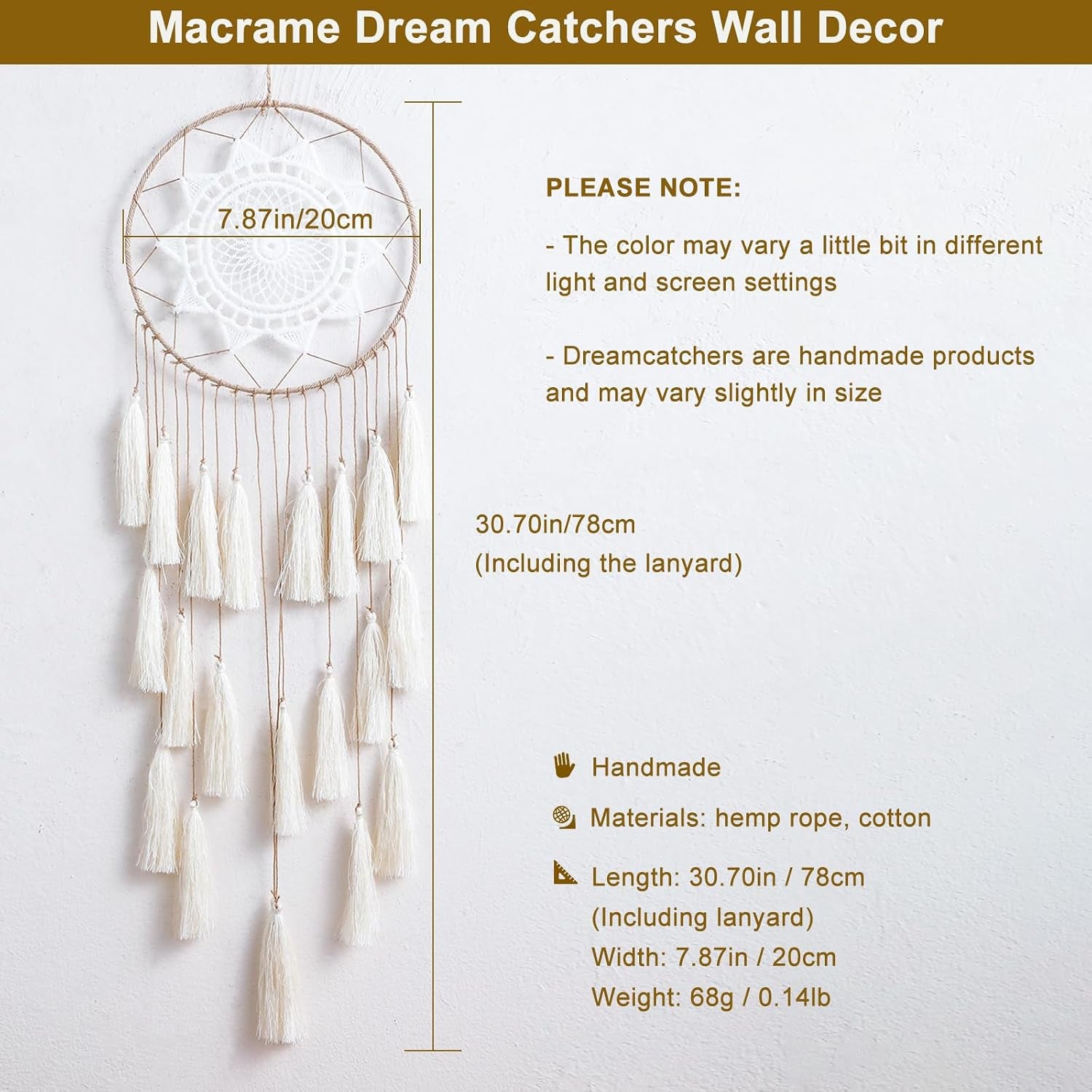 Macrame Dream Catcher Wall Hanging, Beige Large Boho Bedroom Decor | Handmade Tassel Feather Ornament, Natural Cotton, Modern Chic Living Room Nursery Art Decor, Blessing Gift for Women Girls