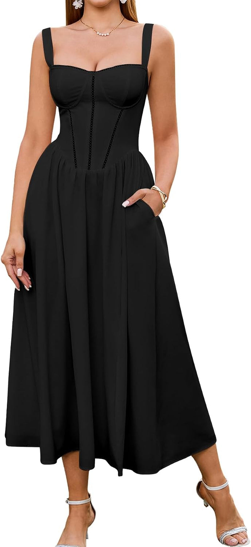 Summer Floral Corset Midi Wedding Guest Dresses for Women | Slit Flowy Sundress with Pockets, Idea for Garden Tea Party Engagement Bridal Shower Fancy Cottagecore Milkmaid