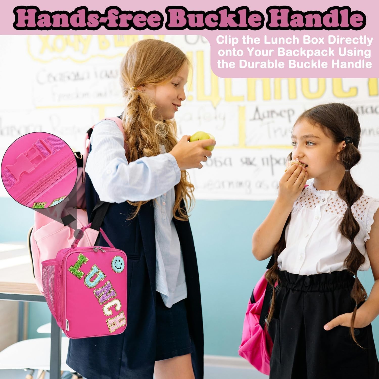 Lunch Box Insulated Soft Bag Mini Cooler Back to School Thermal Meal Tote Kit with Buckle and Mesh Side Pocket for Girls, Boys, Roseredwithletter