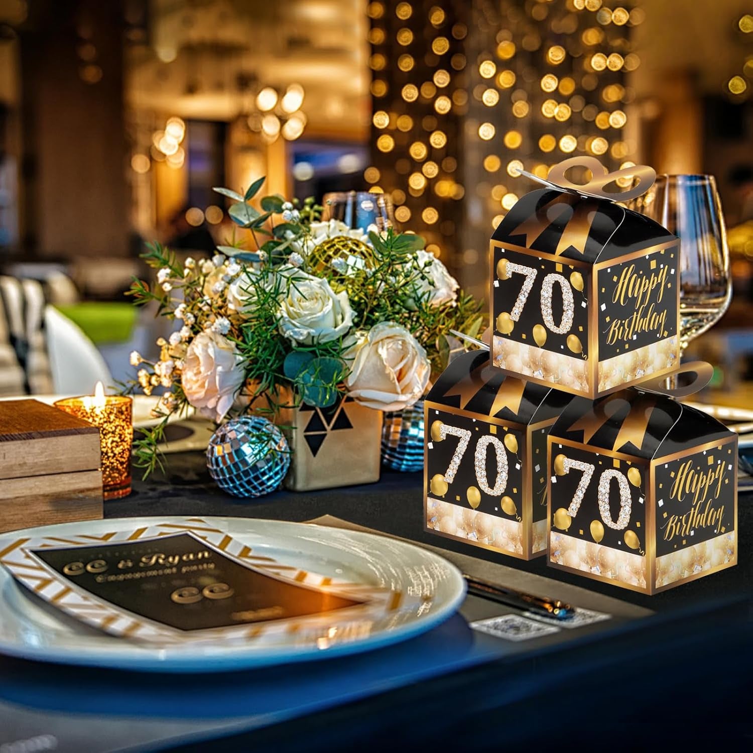 50PCS 70Th Birthday Boxes, 70Th Party Favors,Birthday Boxes Decorations,Black and Gold Party Favors for Guests for Men Women