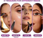 Tweezers Set, 4 Pack Professional Stainless Steel Precision Tweezers with Slant, Pointed, Flat & Angled Tips for Eyebrow, Facial Hair, Ingrown Hair, Splinter & Blackhead Removal for Women & Men