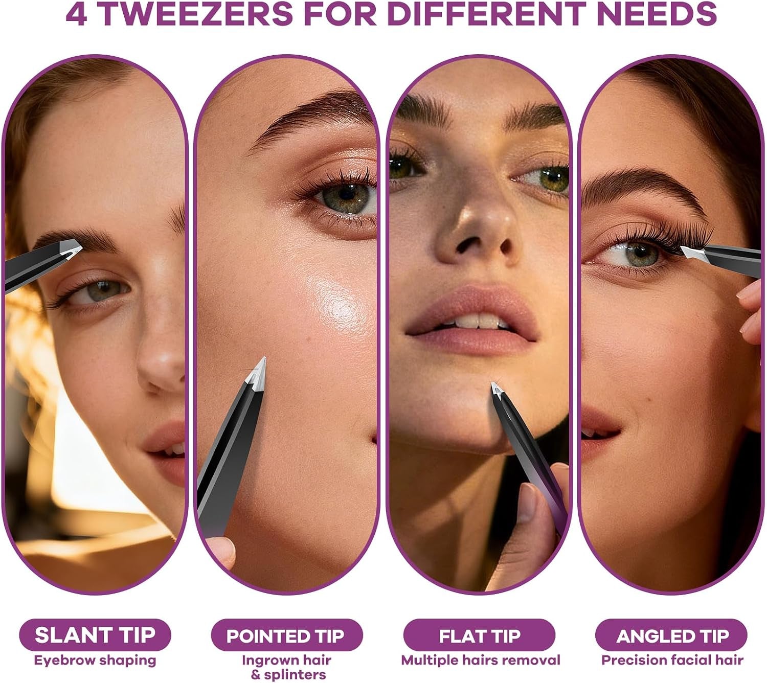Tweezers Set, 4 Pack Professional Stainless Steel Precision Tweezers with Slant, Pointed, Flat & Angled Tips for Eyebrow, Facial Hair, Ingrown Hair, Splinter & Blackhead Removal for Women & Men