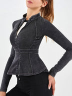Casual Denim Peplum Jacket for Women Long Sleeve Zip Front Athletic Workout Ruffle Blazer Coats