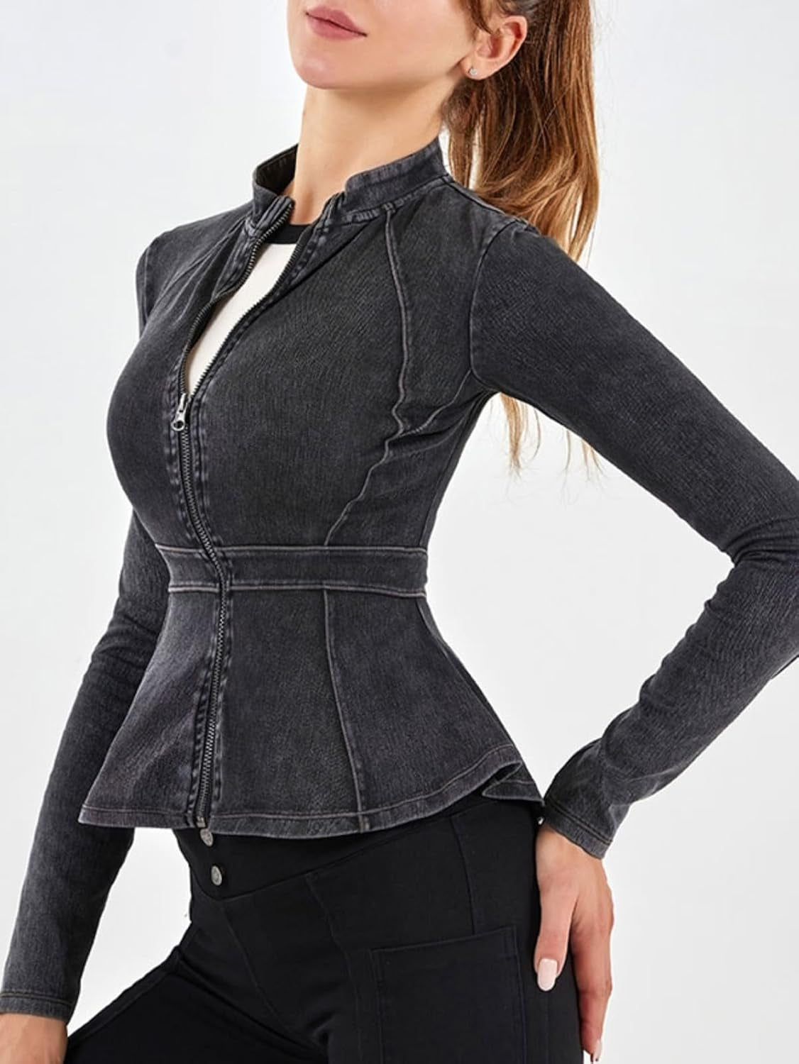 Casual Denim Peplum Jacket for Women Long Sleeve Zip Front Athletic Workout Ruffle Blazer Coats