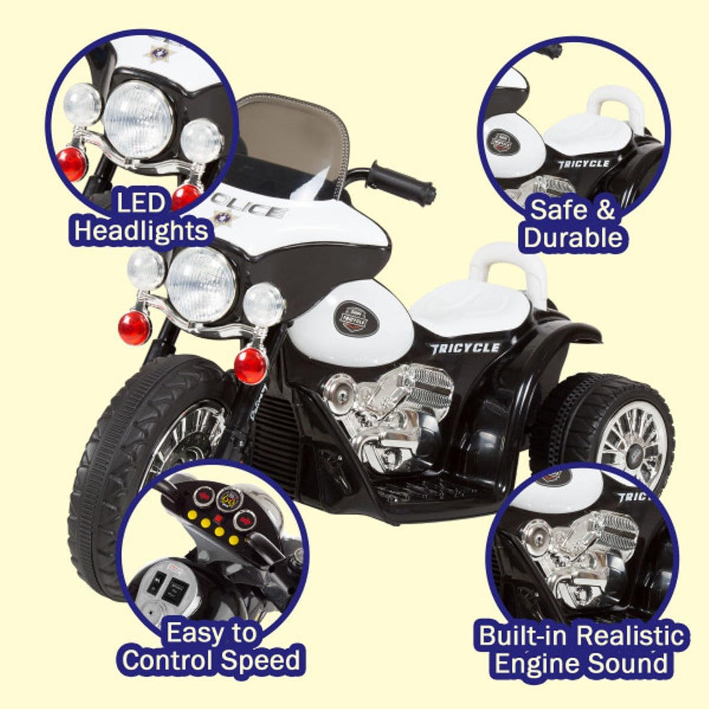 Kids Motorcycle - 3-Wheel Ride on Toy with Police Decals, Reverse, and Headlights - 6V Electric Motorcycle for Kids Ages 3 to 6 by  (Black)