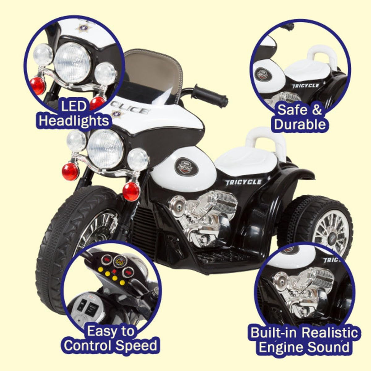 Kids Motorcycle - 3-Wheel Ride on Toy with Police Decals, Reverse, and Headlights - 6V Electric Motorcycle for Kids Ages 3 to 6 by  (Black)