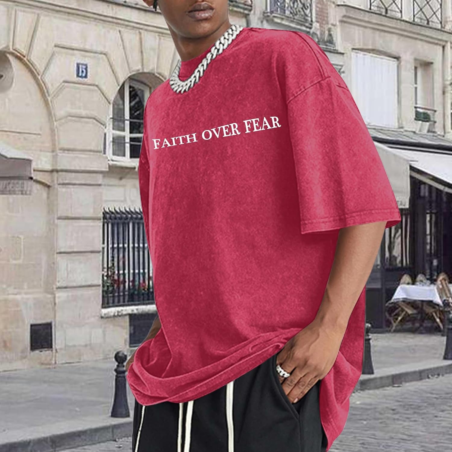 Christian Faith over Fear Shirt for Men Jesus Religious Shirts Oversized Graphic Tees Acid Wash God T-Shirt