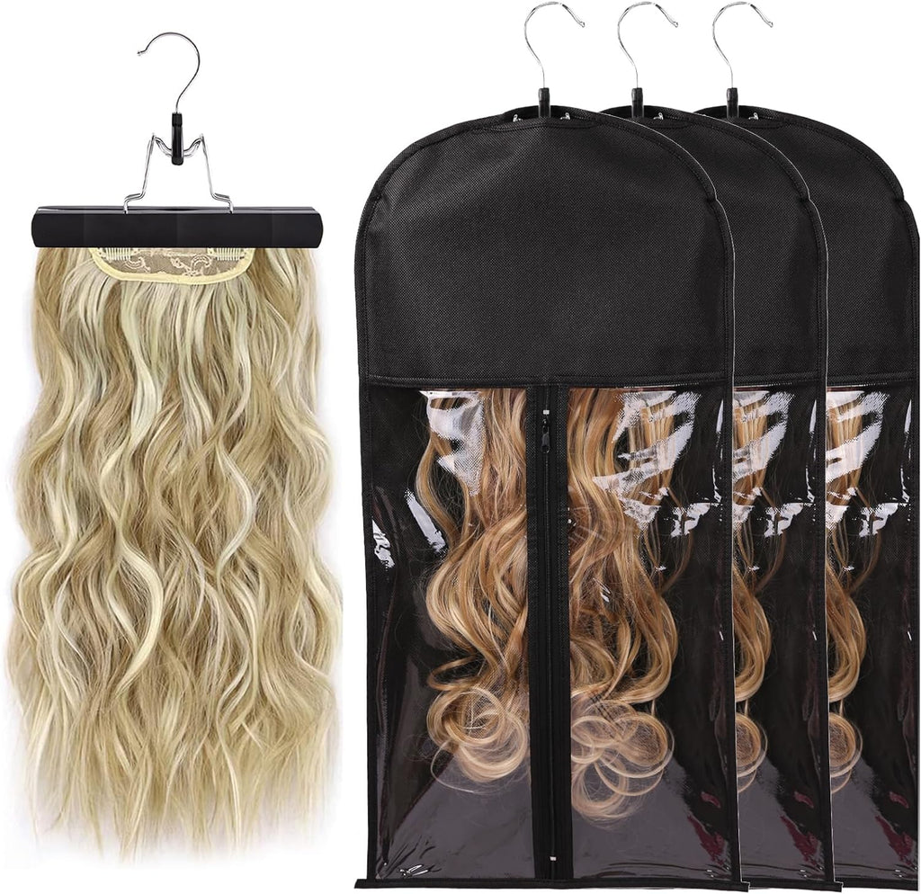 Wig Bags Storage with Hanger- 3PCS Hair Extensions Storage Bag Hair Hangers for Extensions Hairpieces Storage Holder (Black)