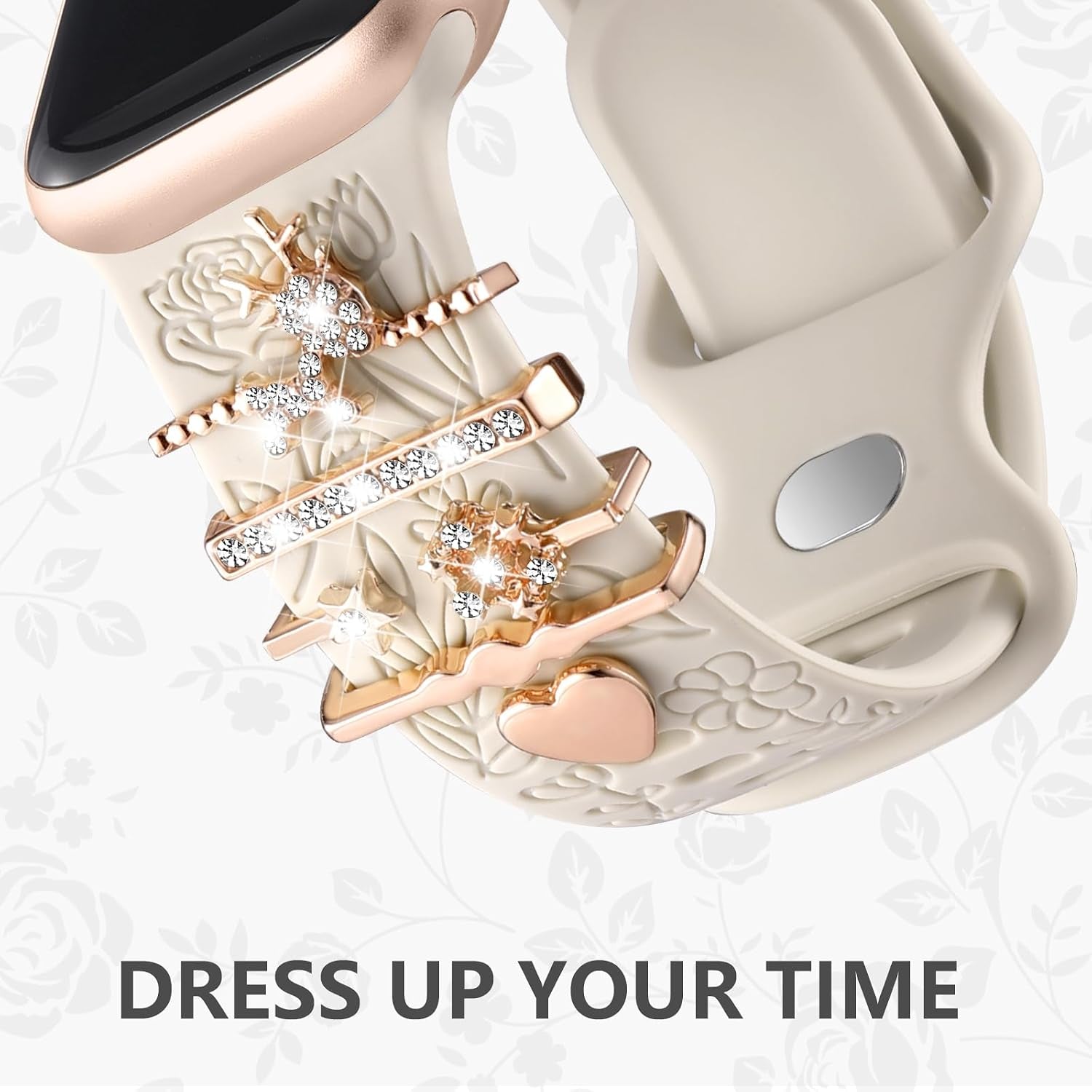 Flower Engraved Band Compatible with Apple Watch Bands for Women 40Mm 38Mm 41Mm 42Mm, Soft Silicone Strap with Dressy Decorative Apple Watch Charms for Iwatch Series 11 10 9 8 7 6 5 4 3 2 1 SE