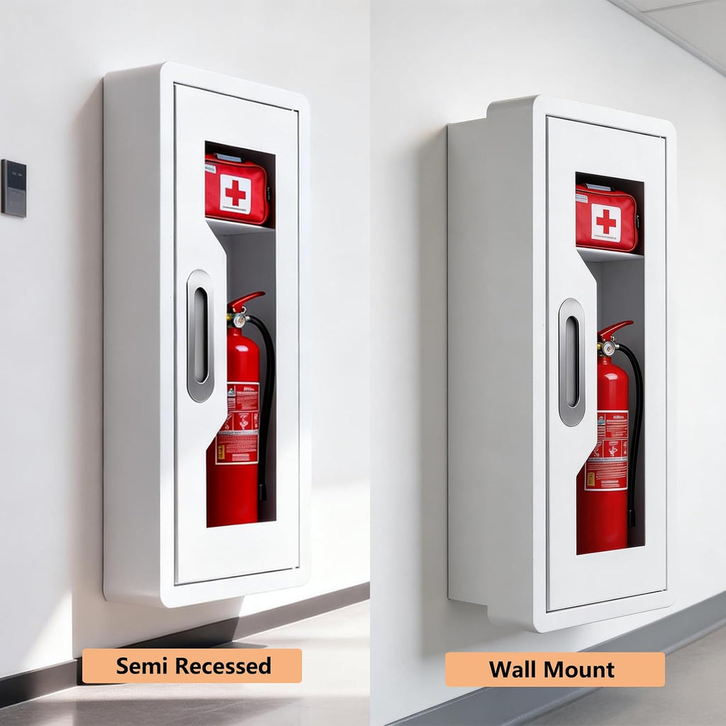 Rounded Corner Semi Recessed Steel Fire Extinguisher Cabinet White 2PC | for 2.5/5/10 LB Extinguisher ，Heavy-Duty Wall Mount Box ，Invisible Handle, Transparent Window, Indoor/Outdoor Use