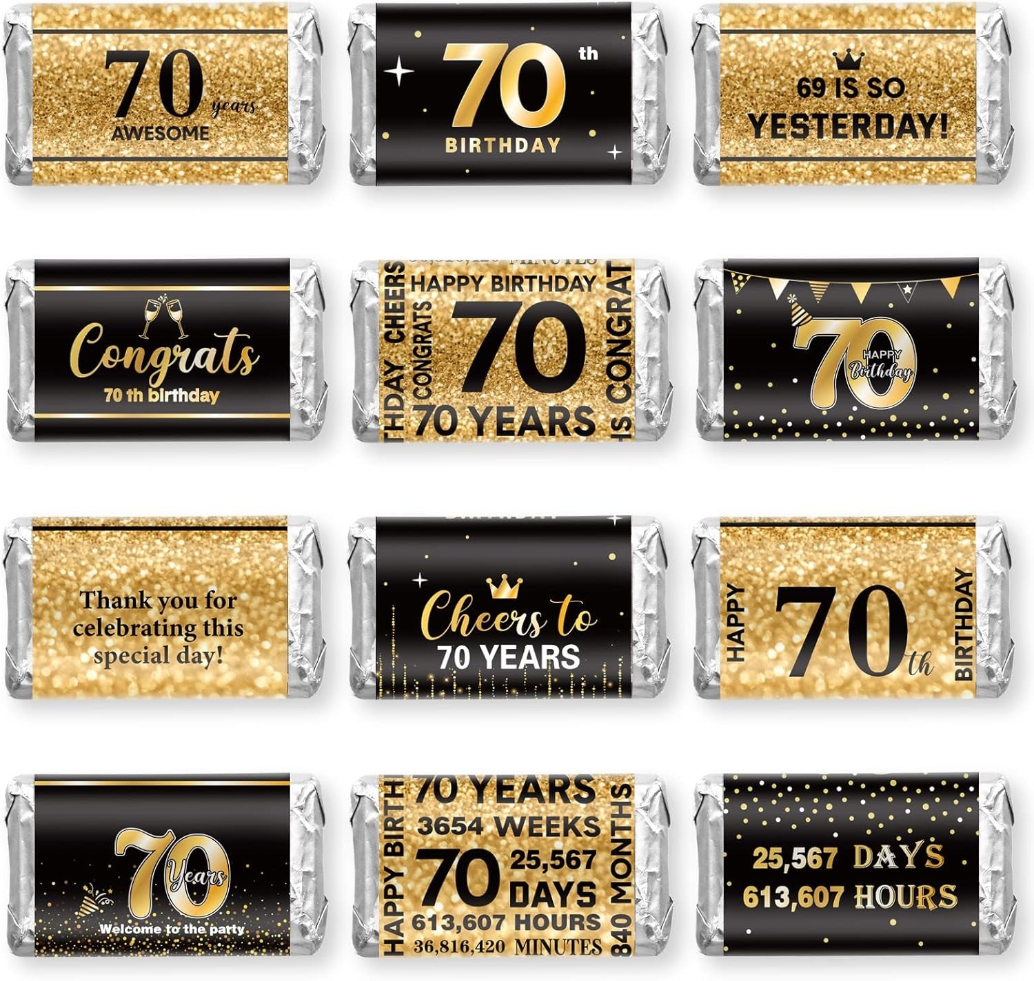 180 Pcs 70Th Birthday Stickers Black and Gold Cheers to 70 Years Candy Bar Wrappers Happy 70Th Birthday Party Favor Labels for Adults Anniversary Party Candy Chocolate Supplies