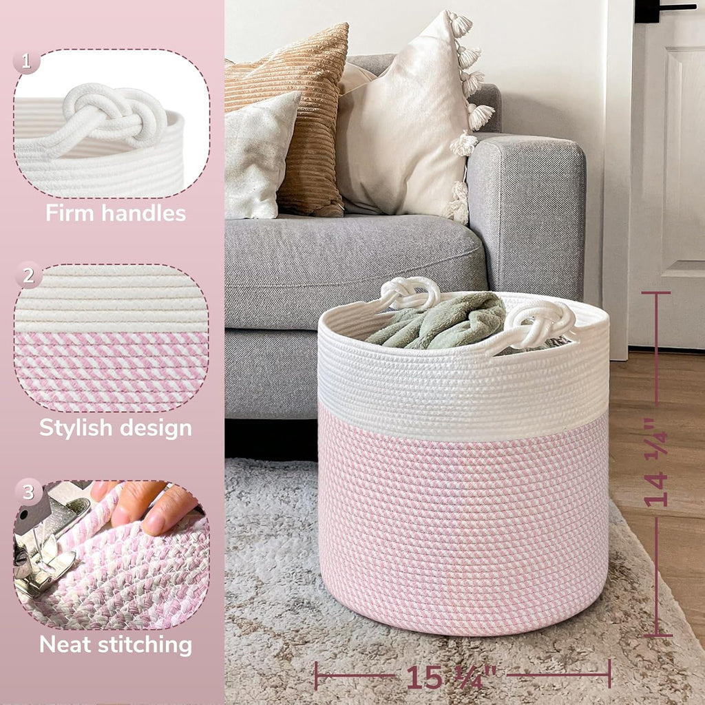 Woven Rope Blanket Basket Living Room, 40L, Pink | Small Laundry Basket for Organizing Baby Clothes, Blankets & Pillows, Great for Bedroom Nursery Home Décor, Pink