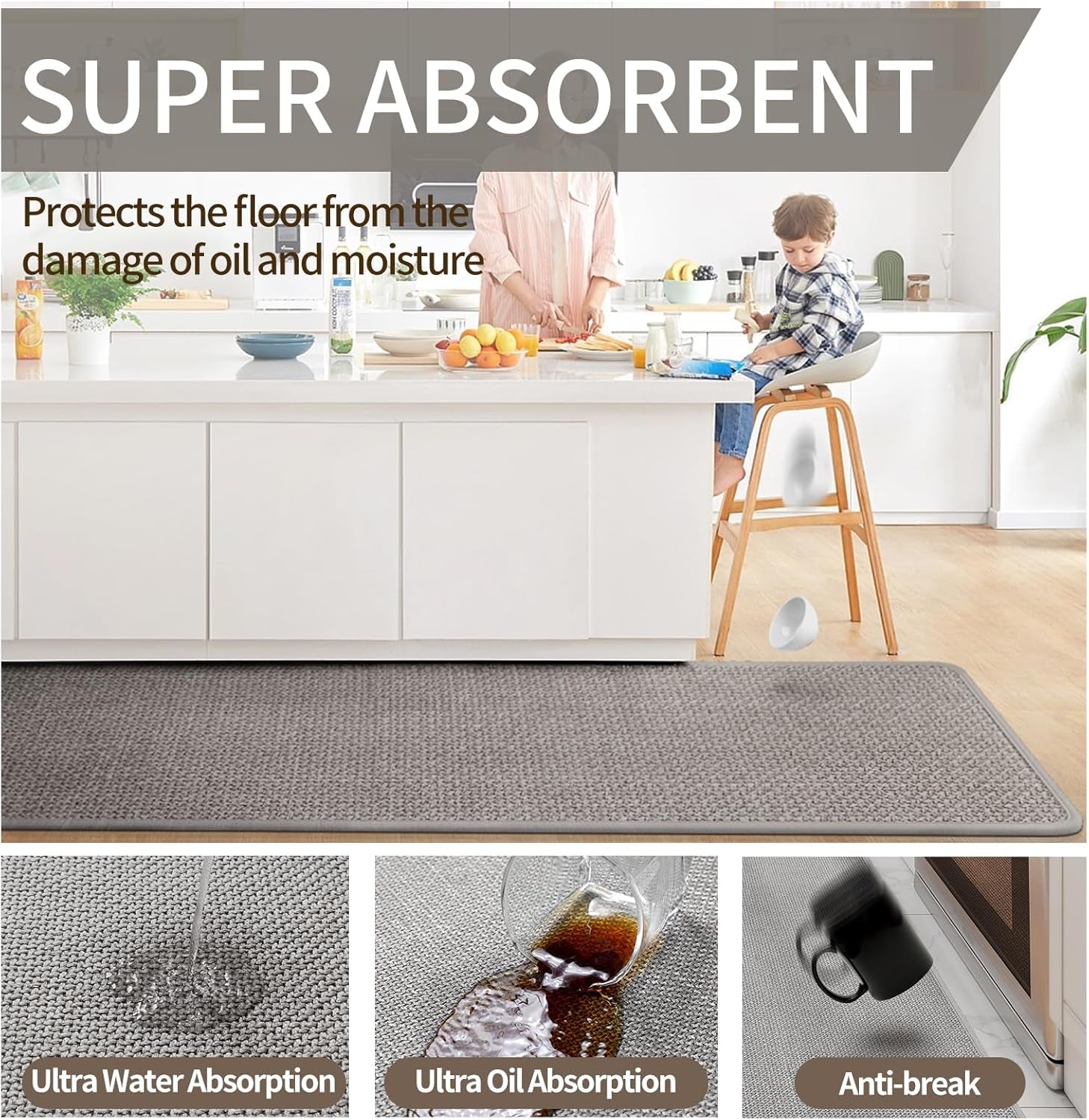 Water Absorbent Runner Rugs for Kitchen, Kitchen Mat in Front of Sink, Oil Absorbent Kitchen Mats for Floor,Non-Slip Kitchen Rugs,Durable Kitchen Mats，17X30 Gray Kitchen Rugs,