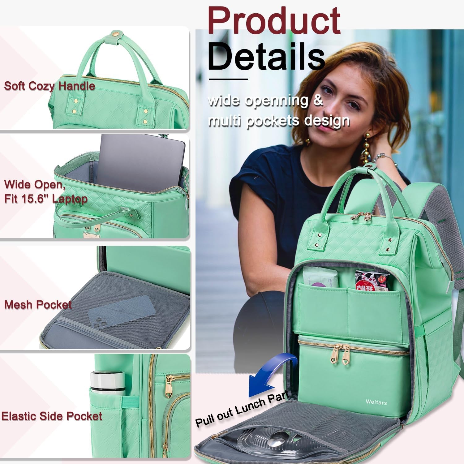 Lunch Backpack for Women,15.6 Inch Laptop Backpacks for Womens Back Pack, Travel Backpacks,Work Backpack for Women (Lightgreen)