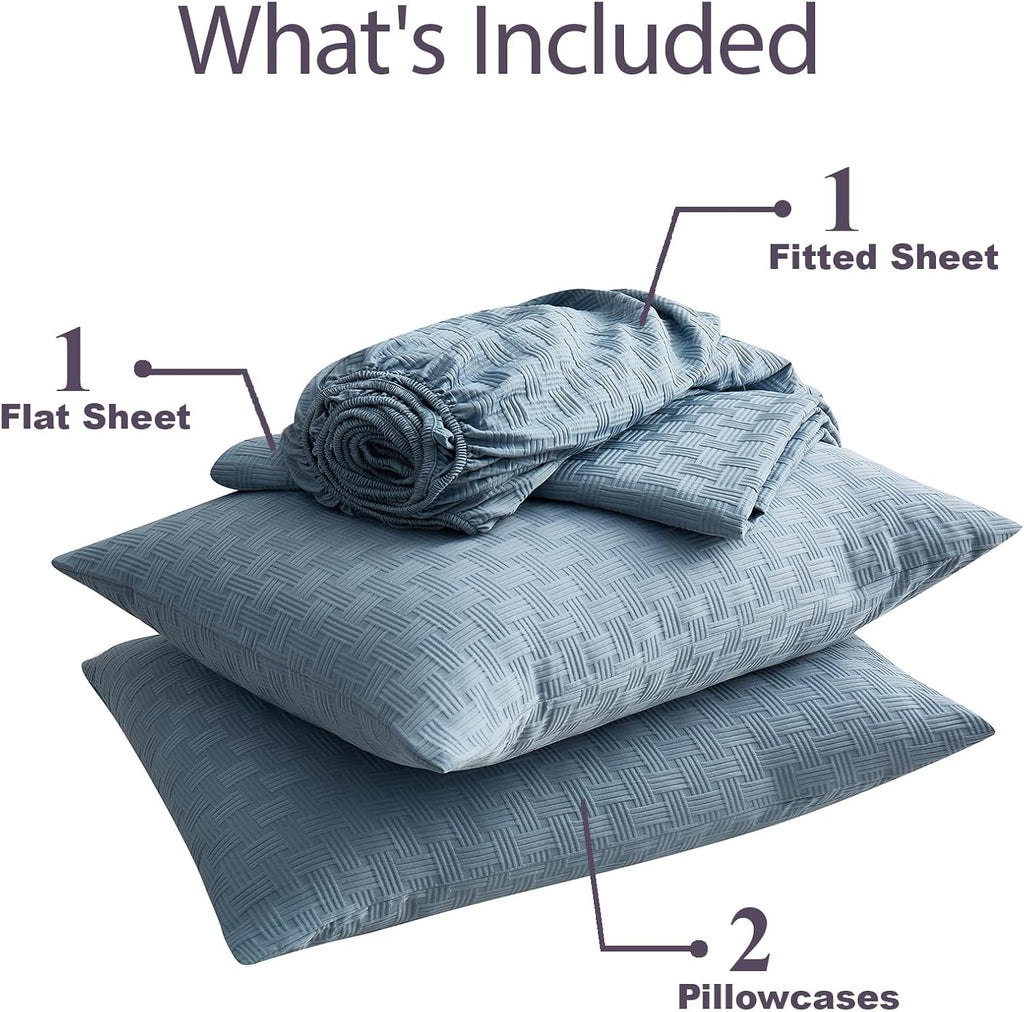 Woven Grid Soft Bed Sheets 4 Piece Set - Luxury Breathable Queen Size Cooling Sheets with 1Fitted Sheet, 1Flat Sheet & 2 Pillowcases- Deep Pocket Fitted Sheet up to 18 Inches (Blue Grey)